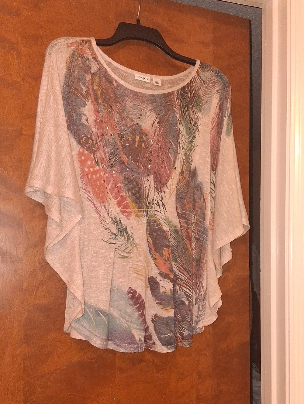 Cato Multicolor Feather-Print Dolman Top in Cream